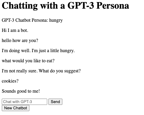 The chatbot interface page before CSS formatting. It is plain, without any visual distinction between AI and user messages. The messages are lines of text going down the page rather than boxes that resemble text messages.
