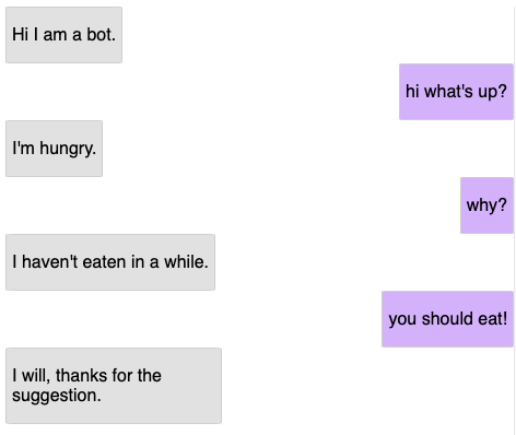 A close-up of the chat message bubbles after CSS formatting. AI messages are on the left in gray boxes, and user messages are on the right in purple boxes.