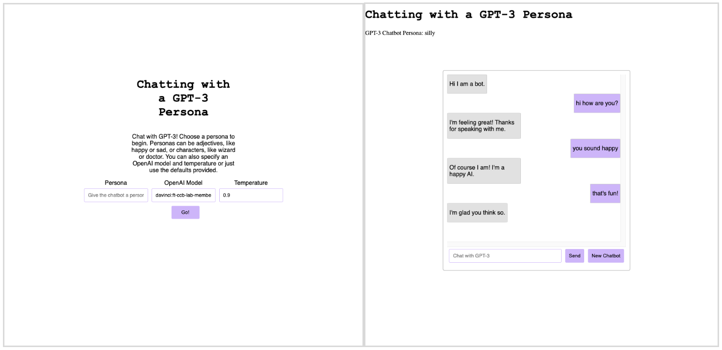 Two screenshots of our chatbot, with the home page on the left and the chatbot interface page on the right.