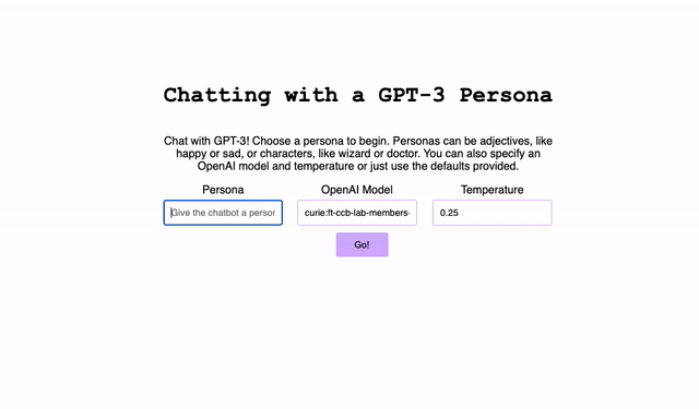 Demonstration of the chatbot we will build. It contains a home screen that allows the user to choose the persona, model, and temperature. It then leads to a simple text-based interface.