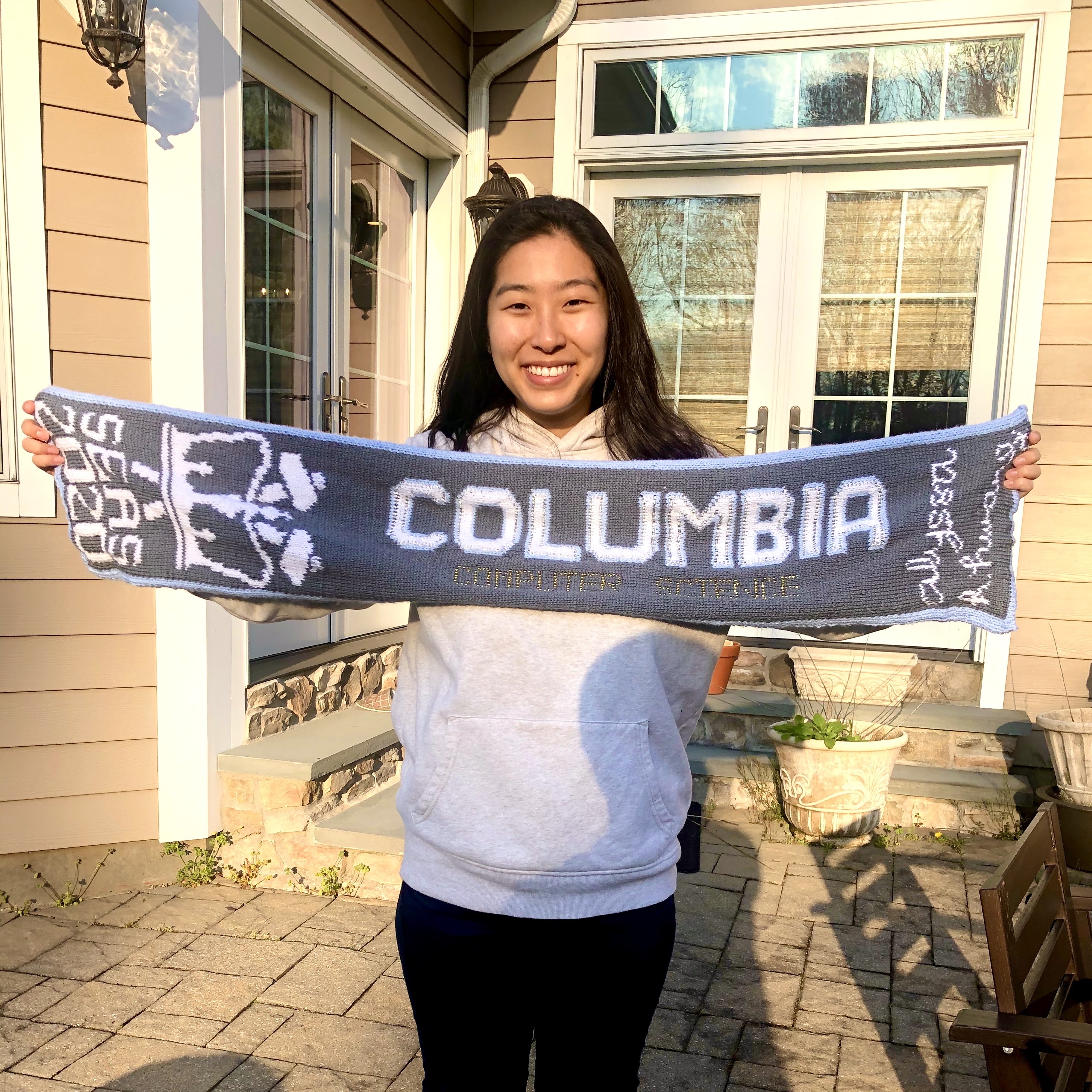An obnoxious double-sided scarf to celebrate graduating from Columbia Engineering, complate with my signature, SEAS crown logo, and "COMPUTER SCIENCE" in gold beads.