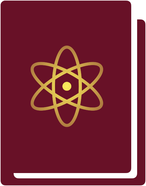 Closed red book with shiny gold atom on the cover.